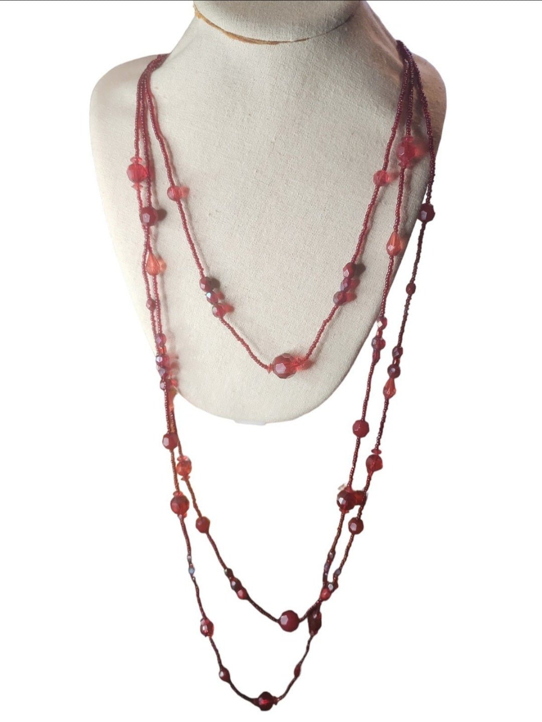 Red beaded necklace 3 layers - I Bought a Yard Sale