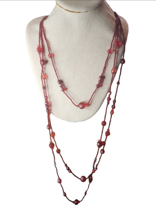 Red beaded necklace 3 layers - I Bought a Yard Sale