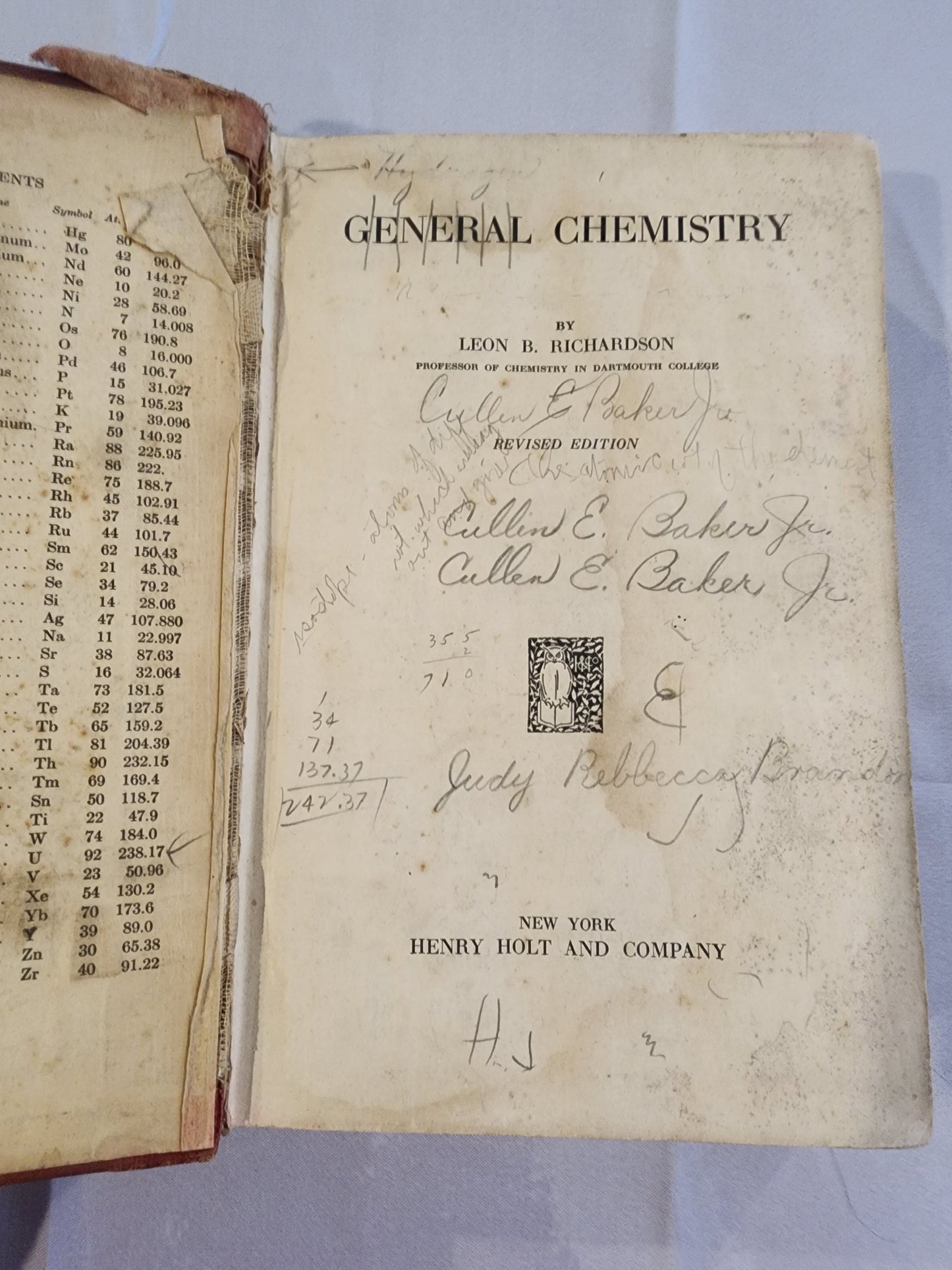 GENERAL CHEMISTRY Leon B. Richardson  [Hardcover] 1932 Textbook