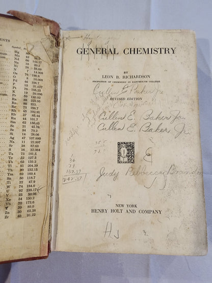 GENERAL CHEMISTRY Leon B. Richardson  [Hardcover] 1932 Textbook