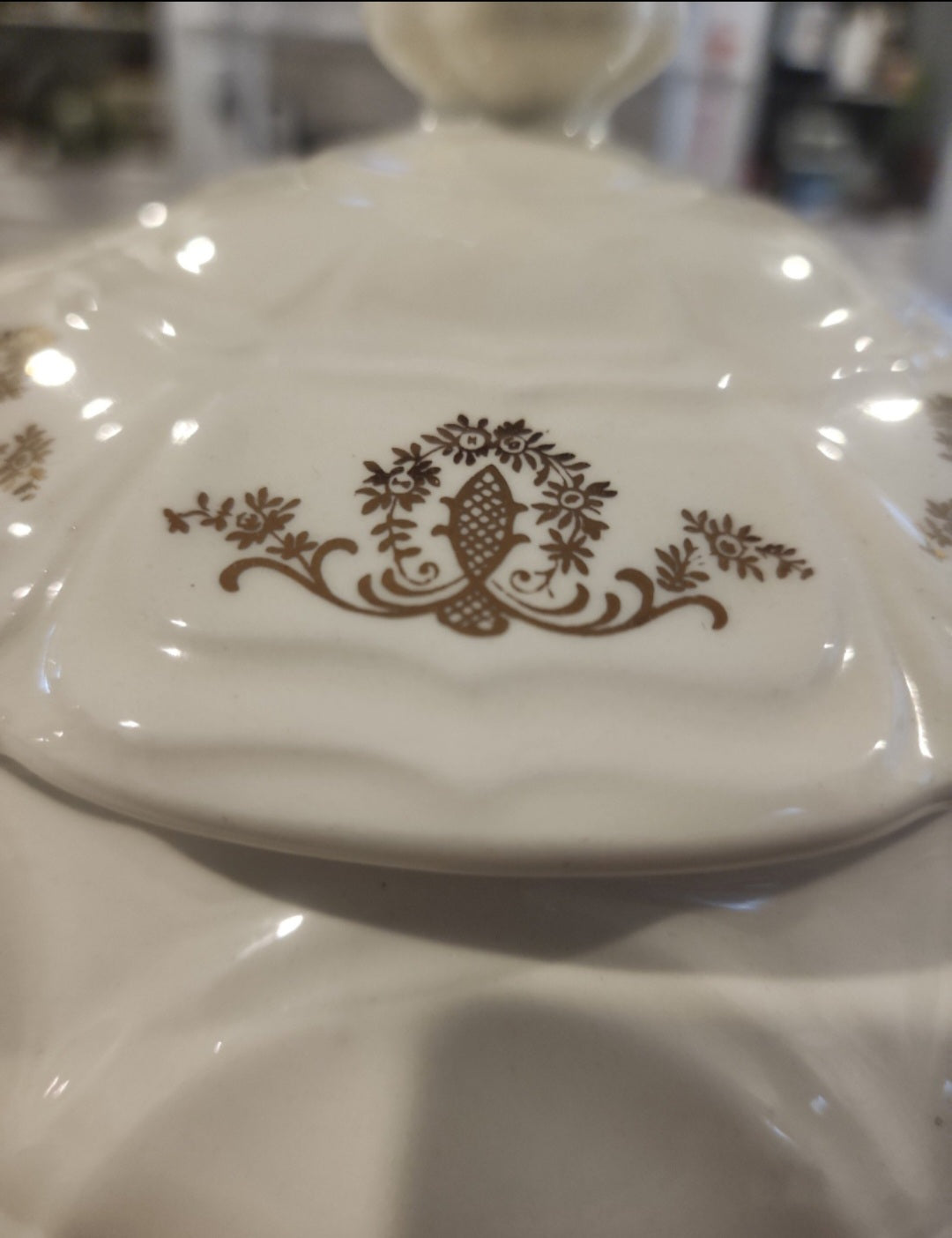 Vintage Porcelain Soup Tureen and plate  Gold Floral Design