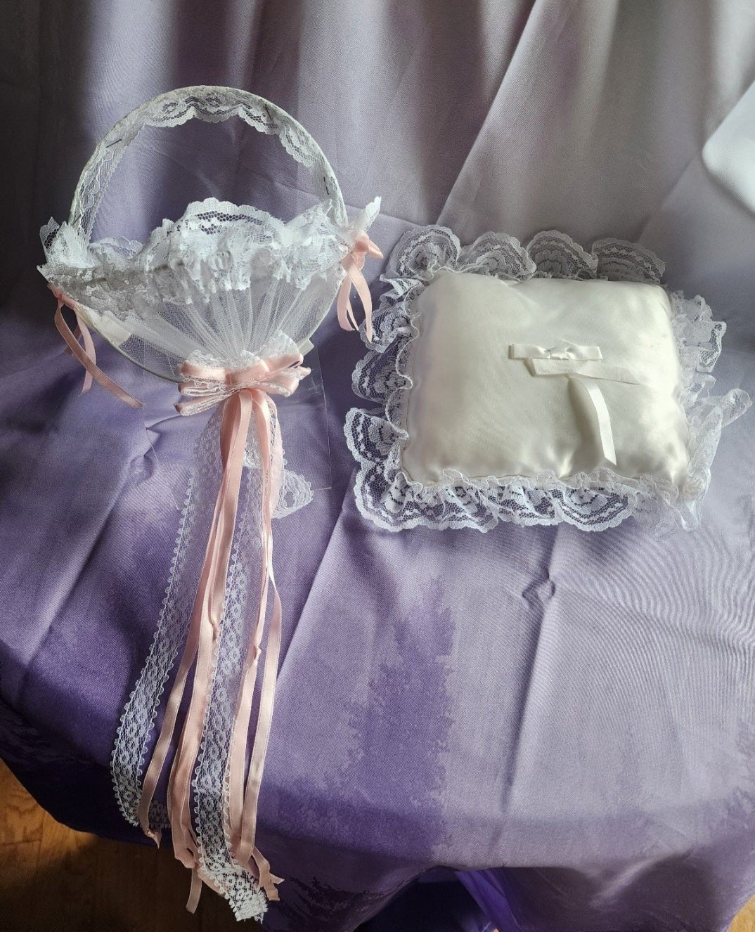 Romantic Lace Wedding Ring Pillow & Flower Girl Basket with Pink Ribbon Accents . - I Bought a Yard Sale