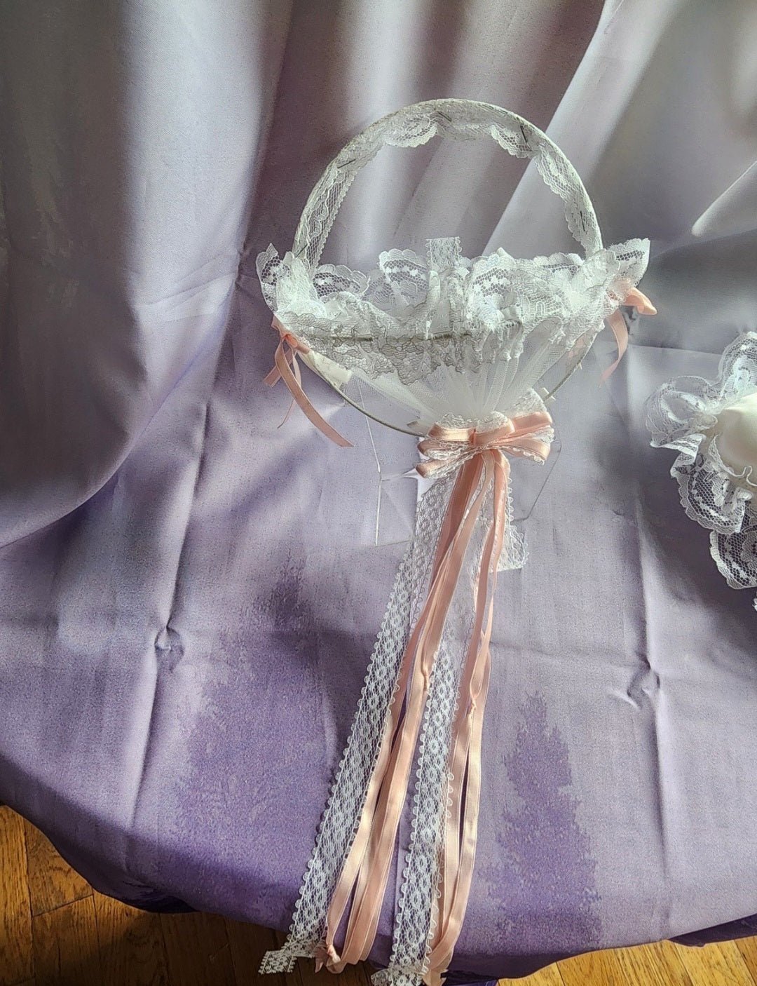 Romantic Lace Wedding Ring Pillow & Flower Girl Basket with Pink Ribbon Accents . - I Bought a Yard Sale