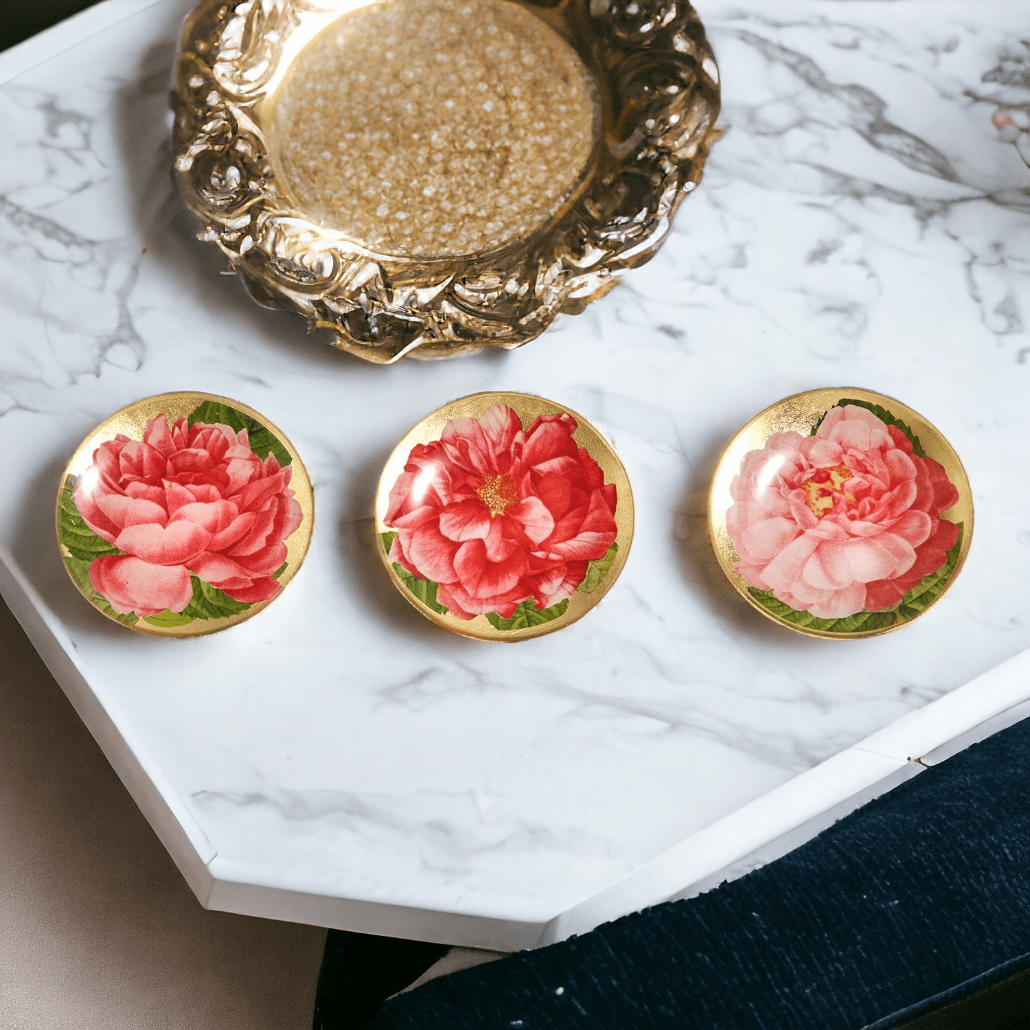 Rose Decoupage Trinket Tray Gold Leaf Vintage Jewelry Dish Coaster - I Bought a Yard Sale