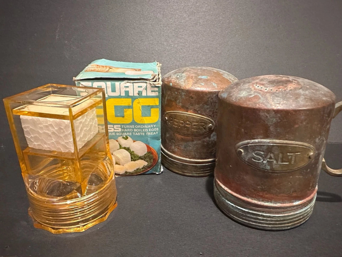 Vintage Square Egg Press Maker and Rustic Copper Salt & Pepper Shakers Set