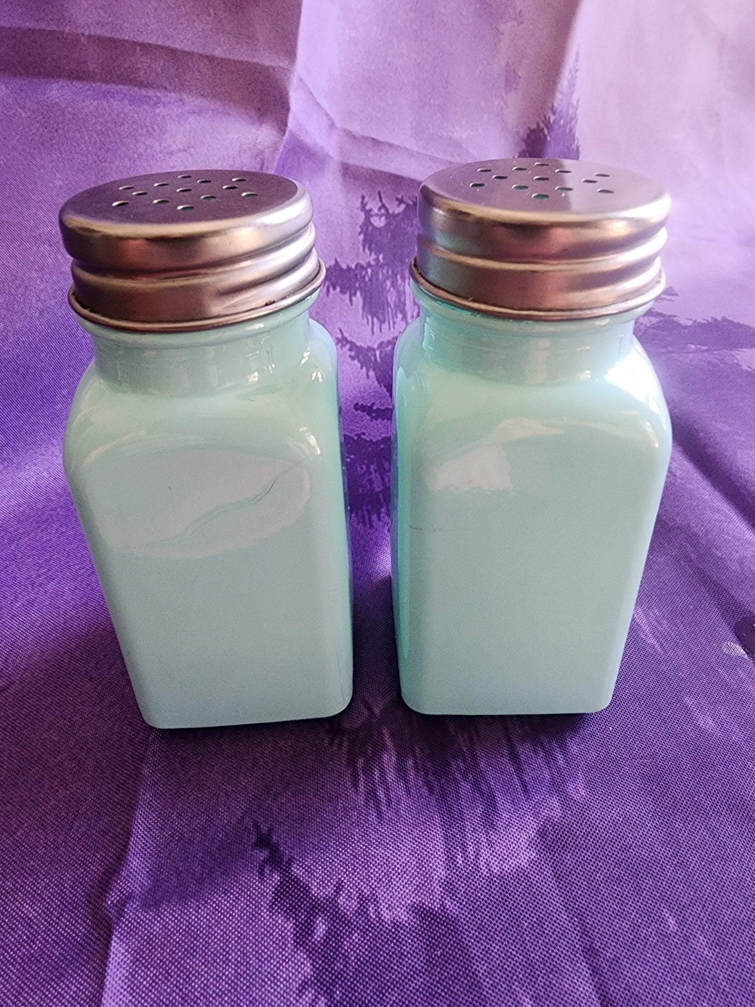 Salt & Pepper Shakers Turquoise Glass and stainless steel tops. - I Bought a Yard Sale