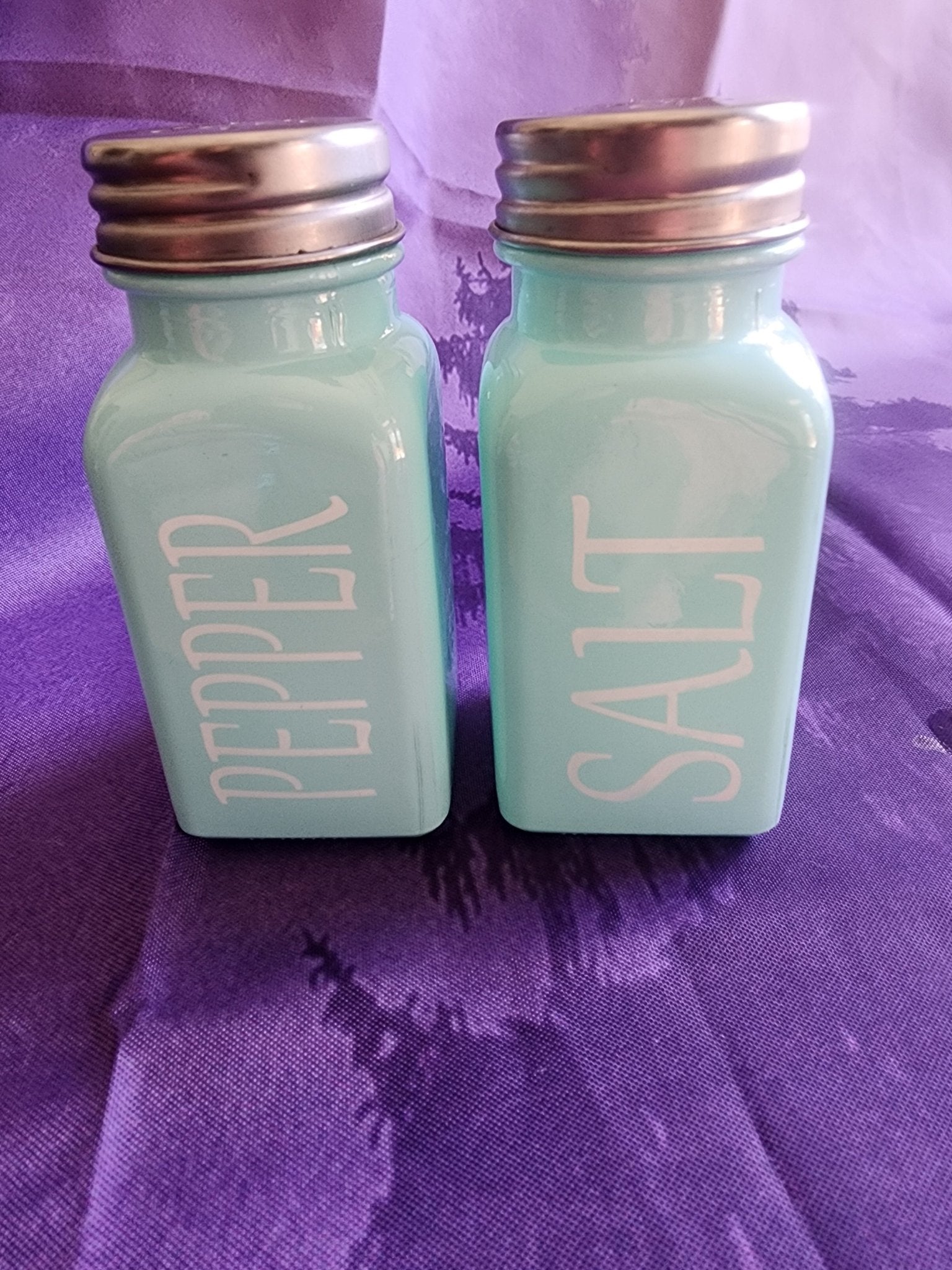 Salt & Pepper Shakers Turquoise Glass and stainless steel tops. - I Bought a Yard Sale