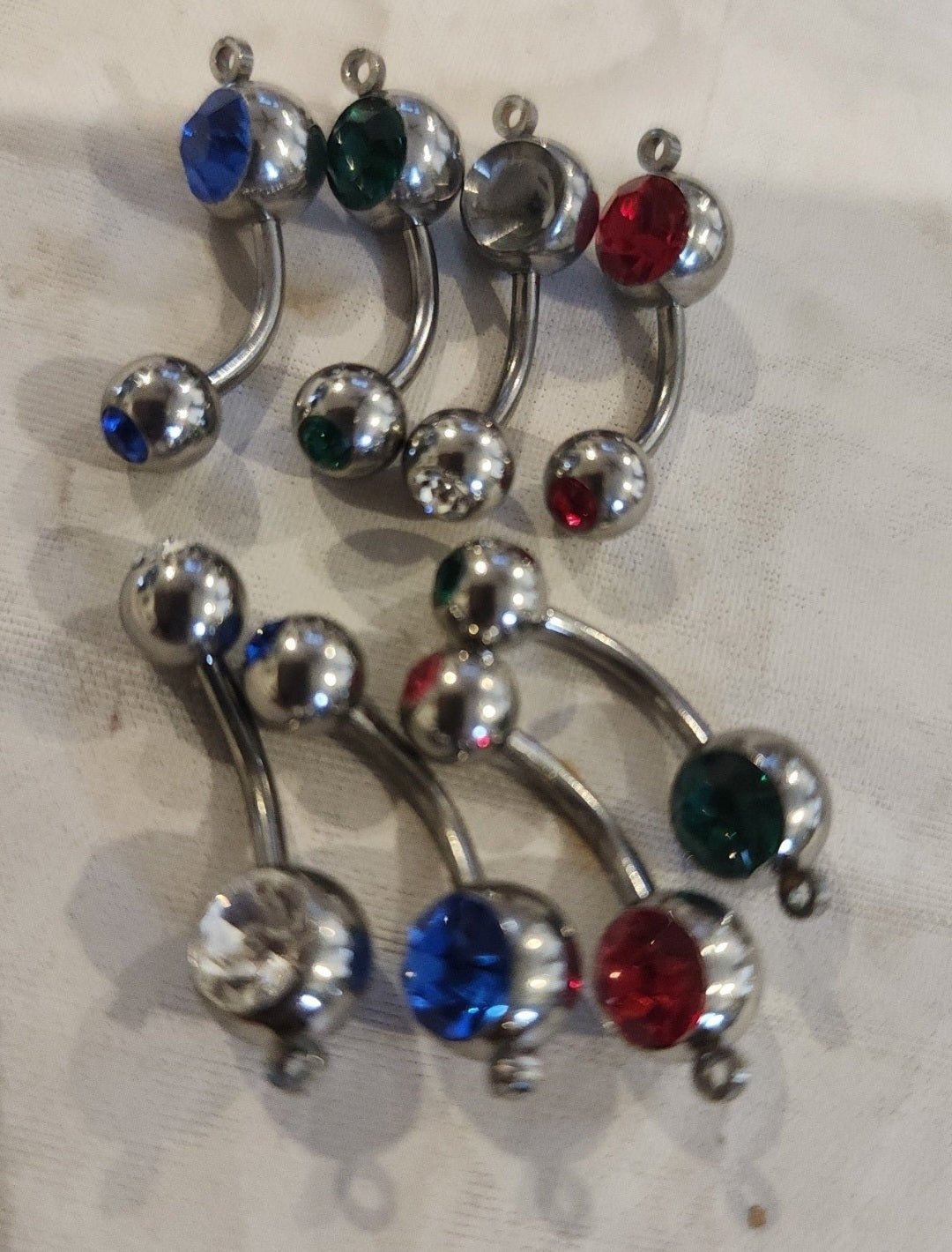 Sparkling Lot of 8 Double Jewel Belly button Rings 2 Faux Diamond, 2 firey reds 2 vibrant blues, 2 emerald greens. - I Bought a Yard Sale
