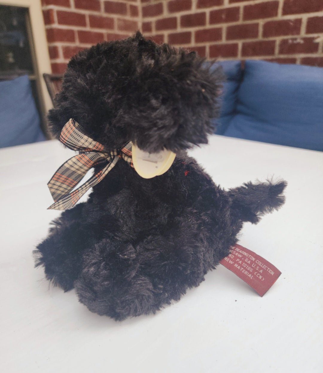 The Bearington Collection BABY JAKE Plush Dog Black Puppy 8” plaid bow - I Bought a Yard Sale