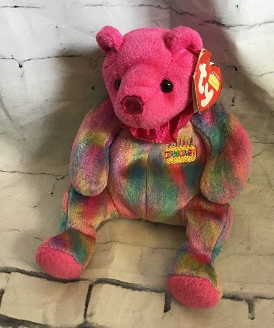 Ty January Birthday Bear Beanie Baby! This vibrant bear features rainbow tie - dye - I Bought a Yard Sale