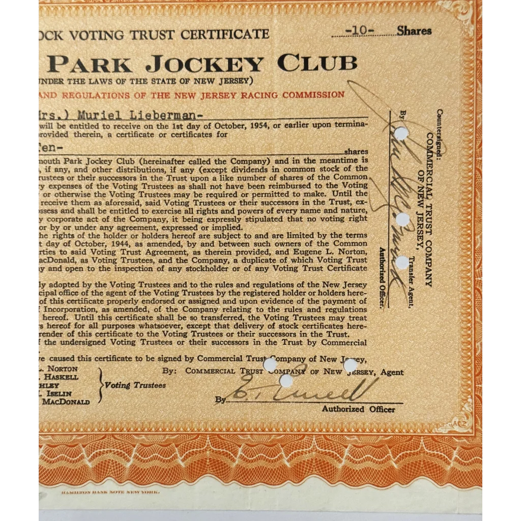 Vintage 1940s–1950s Monmouth Park Jockey Club Stock Certificate 🏇 Postwar Jersey Shore Horse Racing