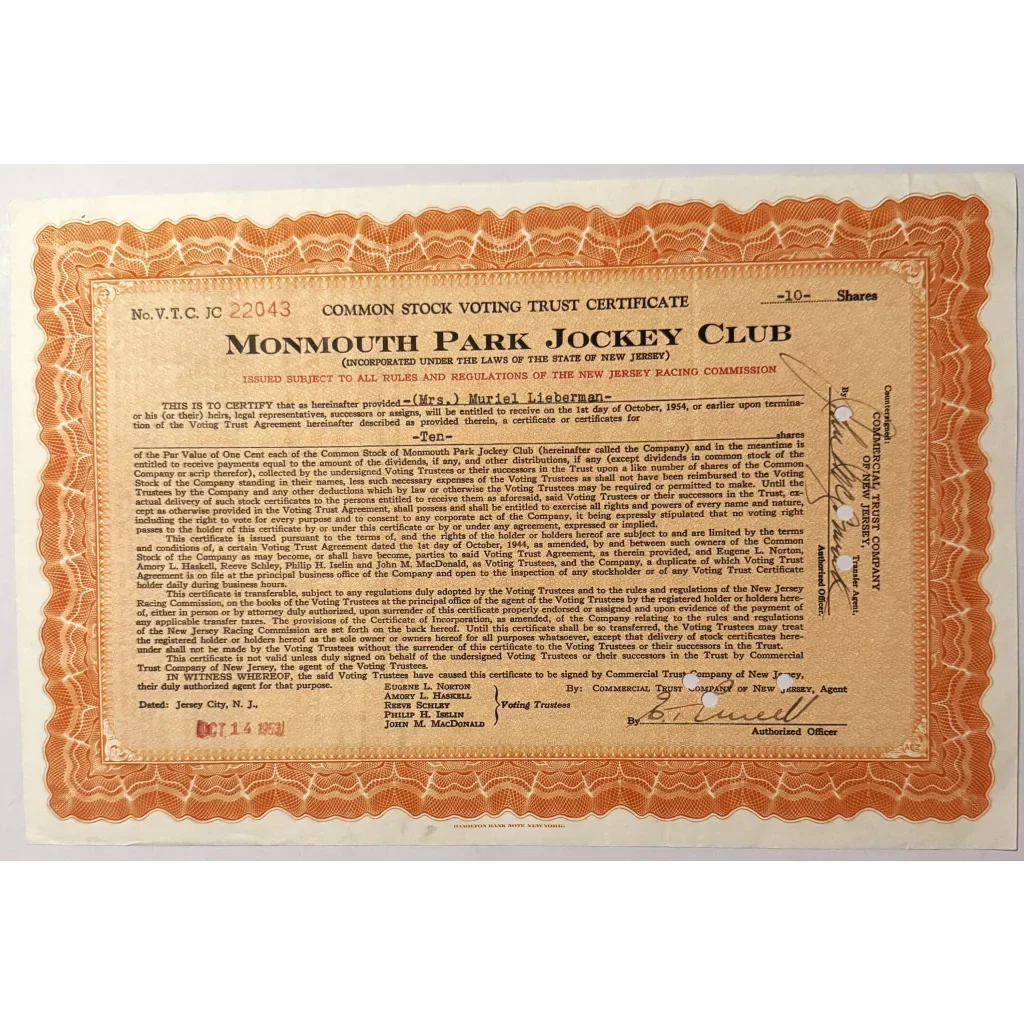 Vintage 1940s–1950s Monmouth Park Jockey Club Stock Certificate 🏇 Postwar Jersey Shore Horse Racing