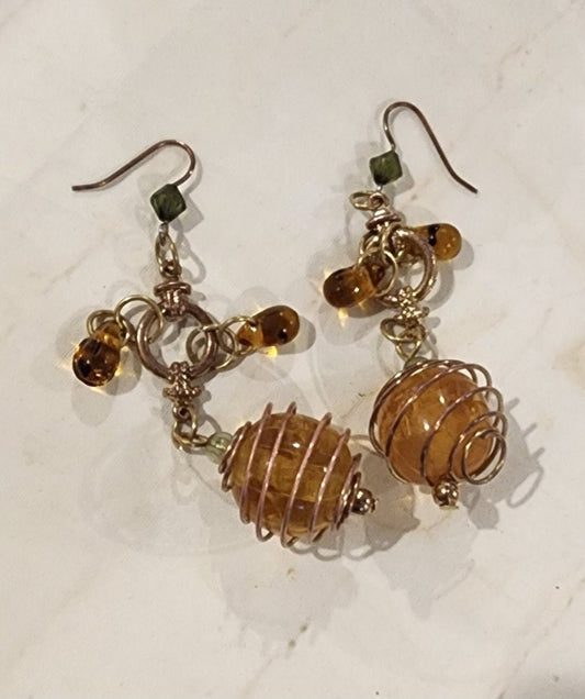 Vintage boho Dangle Earrings with Amber and green beads wrapped with wire - I Bought a Yard Sale