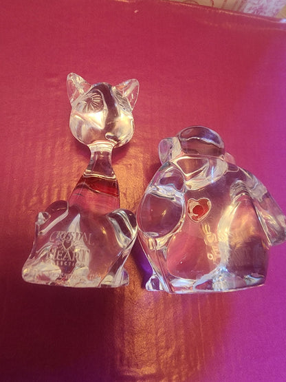 Vintage Crystal Heart Collection Lot, Clear With Red Hearts, Monkey, and Cat - I Bought a Yard Sale