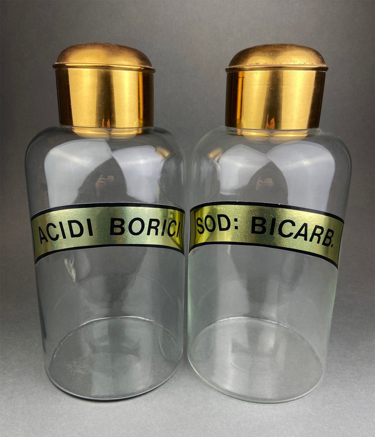 Vintage, Extra Large Apothecary Bottles. Italian, Boric Acid & Sodium Bicarbonate Jars with Brass Caps. Set of Two Apothecary Jars. - I Bought a Yard Sale