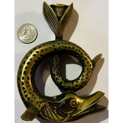 Vintage Bronze Fish Candlestick 🐟 Coiled Figural Candle Holder with Aged Verdigris Patina