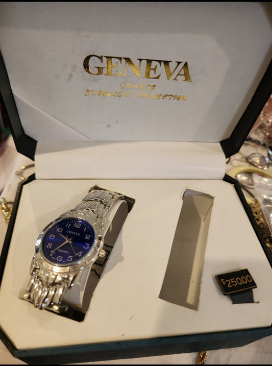 Vintage Men's Blue Geneva Quartz Movement Watch. Stainless steel back. - I Bought a Yard Sale