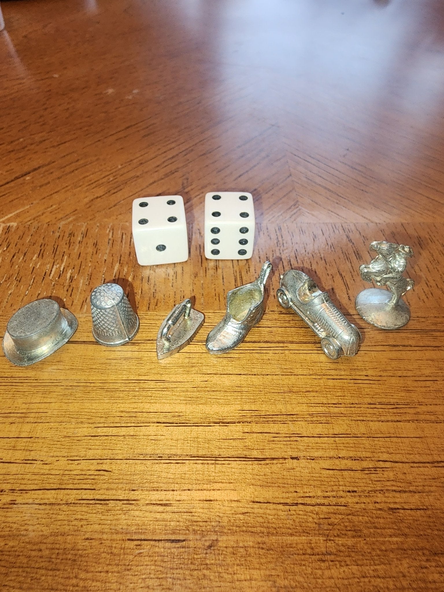 Vintage Monopoly 1975 - Original 6 silver Tokens and 2 Dice (Replacement Parts) - I Bought a Yard Sale