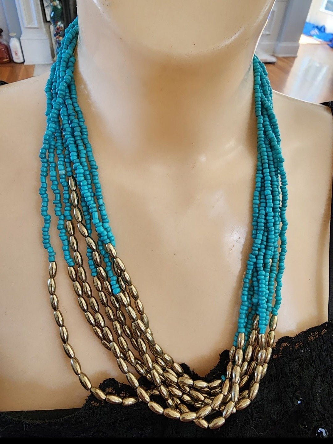 Vintage Multi - Strand Beaded Necklace Turquoise and gold tone Beads - I Bought a Yard Sale