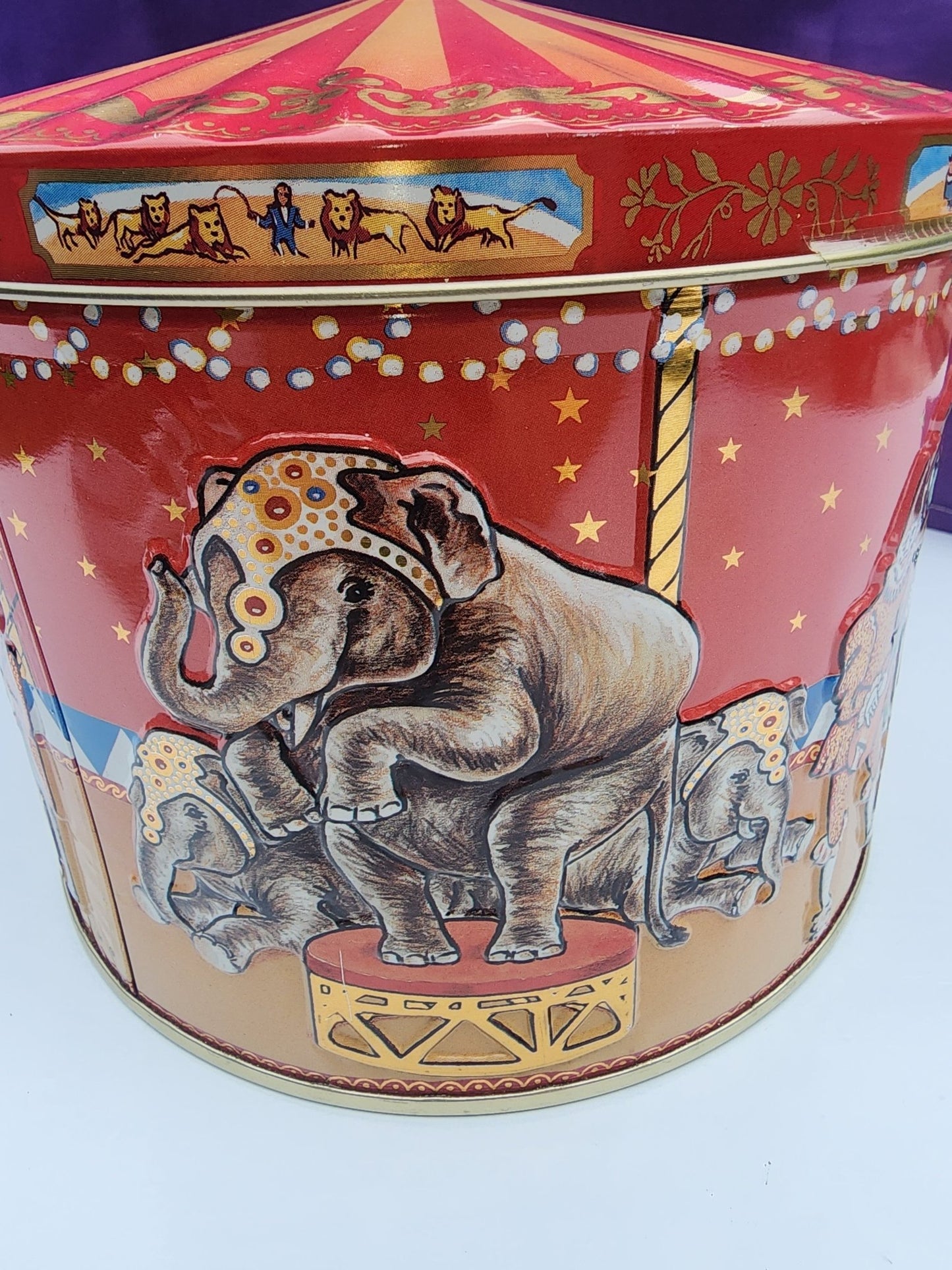 Vintage Poul Friis Big Top Circus Empty Cookie Tin Featuring Elephants, Horses, Monkeys & Lions - I Bought a Yard Sale