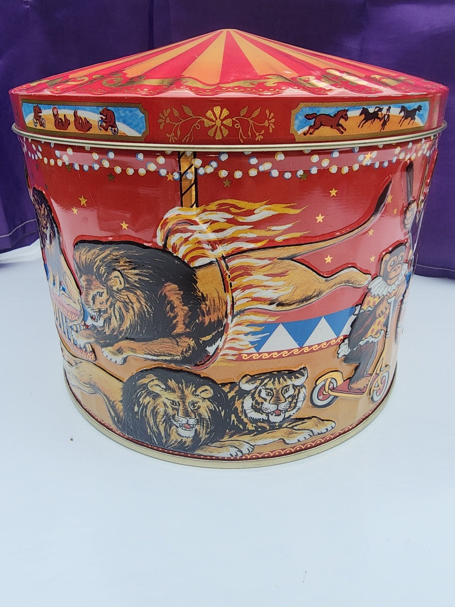 Vintage Poul Friis Big Top Circus Empty Cookie Tin Featuring Elephants, Horses, Monkeys & Lions - I Bought a Yard Sale