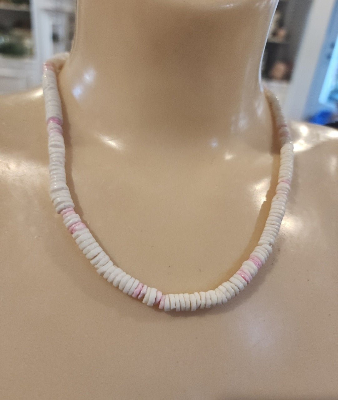 Vintage Puka shell necklace brings the island vibes! Features white and pink shells on a 17" strand - I Bought a Yard Sale