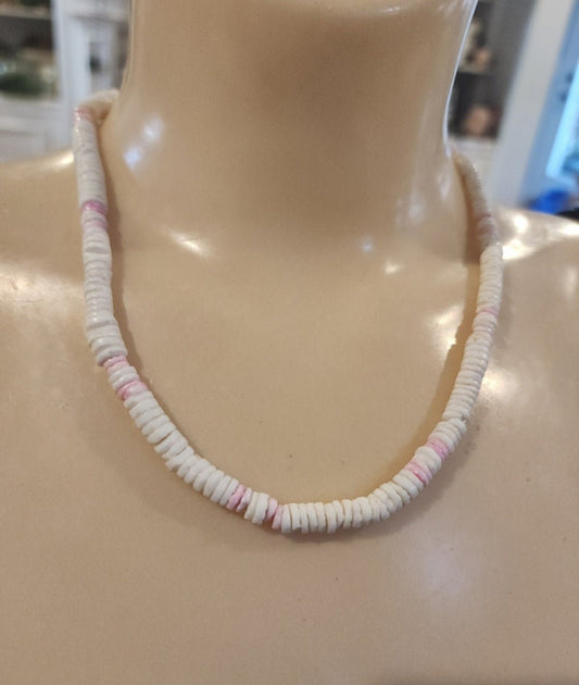 Vintage Puka shell necklace brings the island vibes! Features white and pink shells on a 17" strand - I Bought a Yard Sale