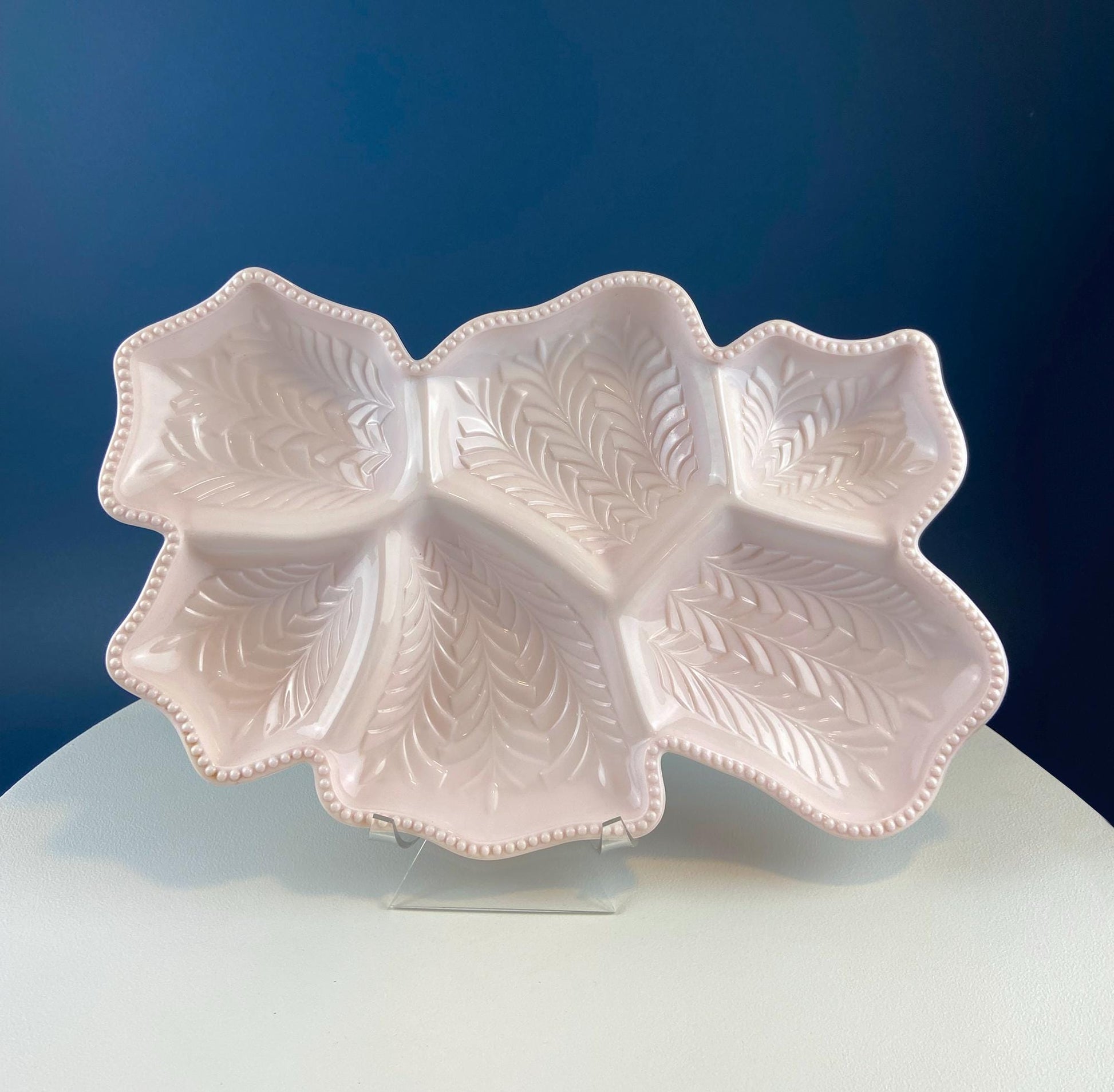 Vintage Shell Pink Jeanette Milk Glass Divided Serving Platter. Stunning 3 - d Feather Motif. 6 Section Bowl. Appetizers Condiments Fruit. - I Bought a Yard Sale