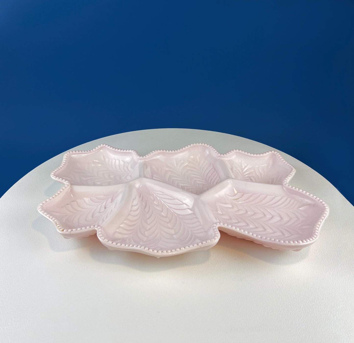 Vintage Shell Pink Jeanette Milk Glass Divided Serving Platter. Stunning 3 - d Feather Motif. 6 Section Bowl. Appetizers Condiments Fruit. - I Bought a Yard Sale