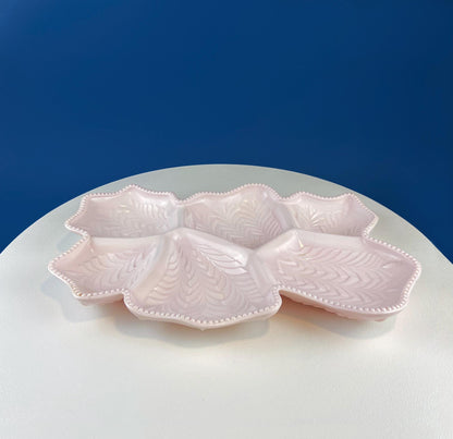Vintage Shell Pink Jeanette Milk Glass Divided Serving Platter. Stunning 3 - d Feather Motif. 6 Section Bowl. Appetizers Condiments Fruit. - I Bought a Yard Sale