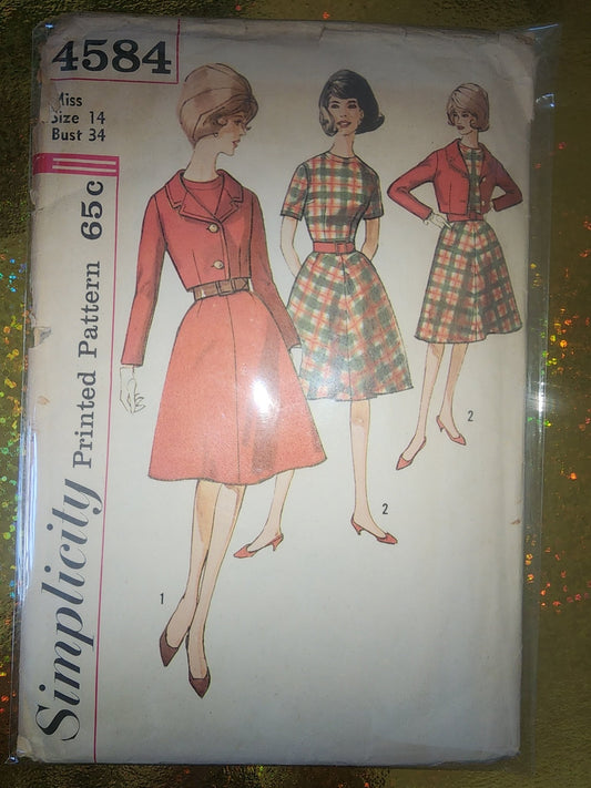 Vintage Simplicity Pattern 4584 size 14 one piece Dress and Jacket cut pattern 1960s - I Bought a Yard Sale