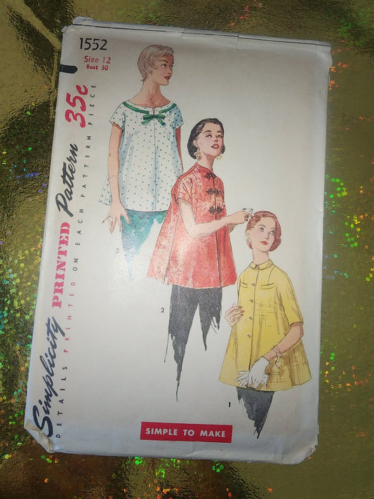 Vintage Simplicity sewing pattern 1552 for maternity blouses from the 1950's, in size 12, bust 30 inches. - I Bought a Yard Sale