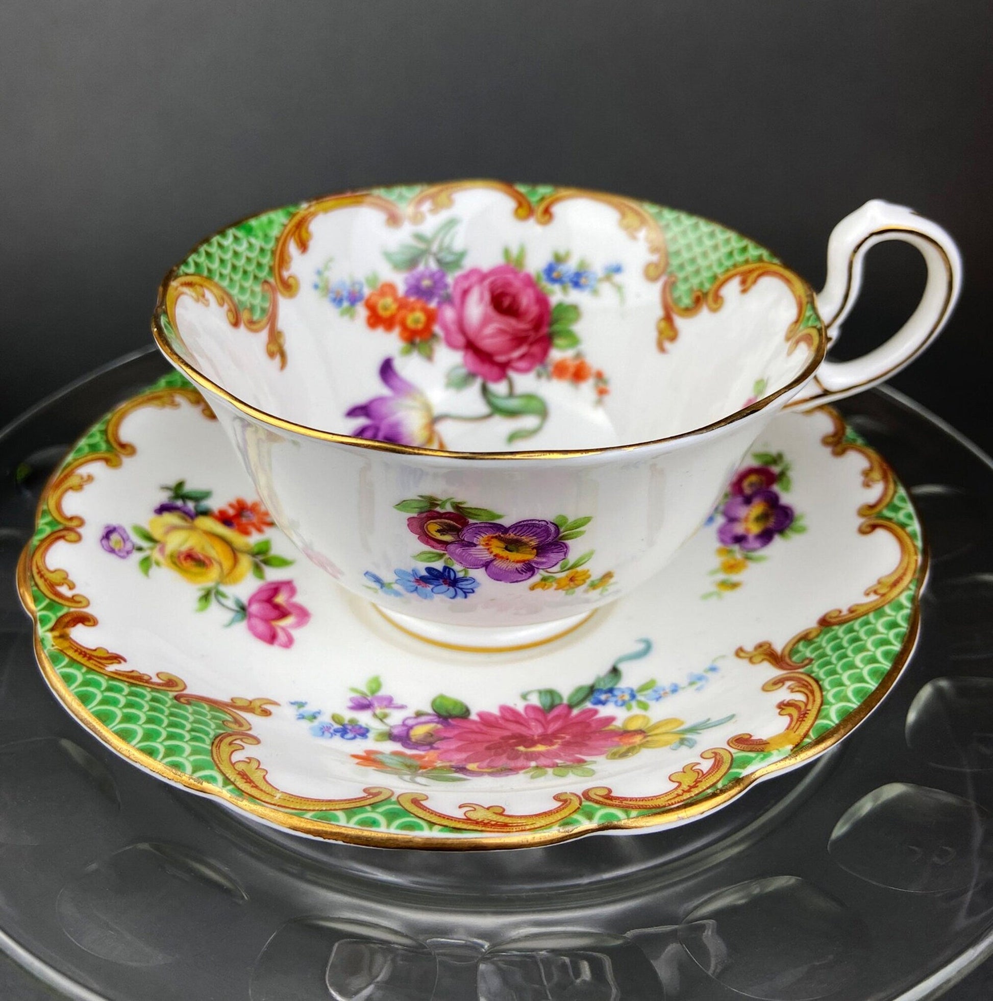 Vintage Staffordshire Tea Trio: Green, Gold, and Pink Porcelain Set - I Bought a Yard Sale