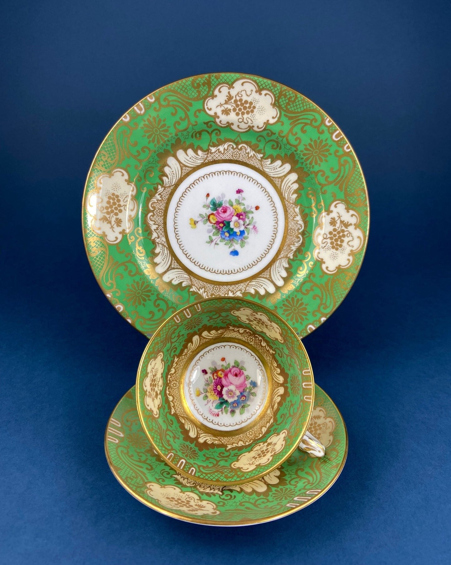 Vintage Staffordshire Tea Trio: Green, Gold, and Pink Porcelain Set - I Bought a Yard Sale