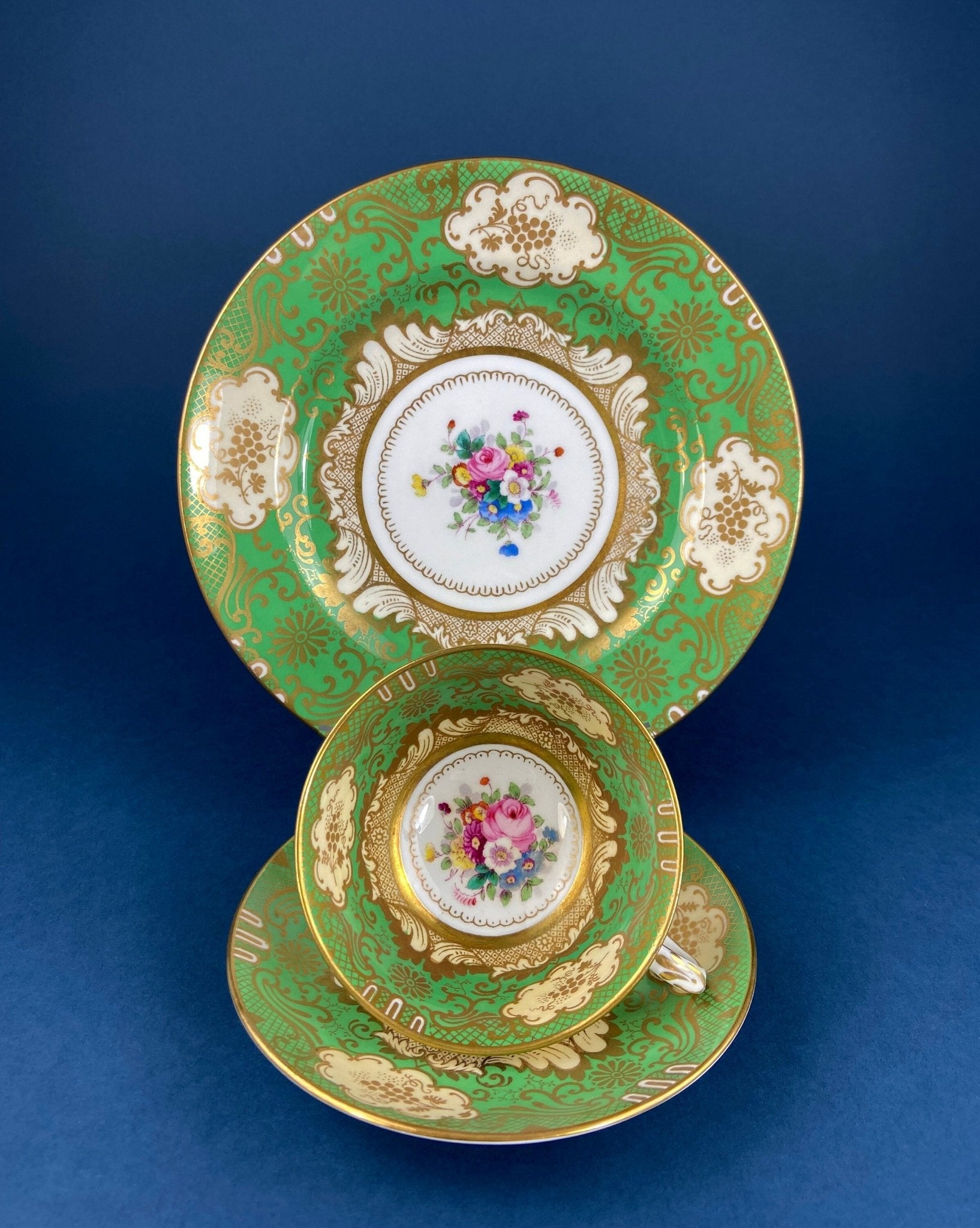 Vintage Staffordshire Tea Trio: Green, Gold, and Pink Porcelain Set - I Bought a Yard Sale