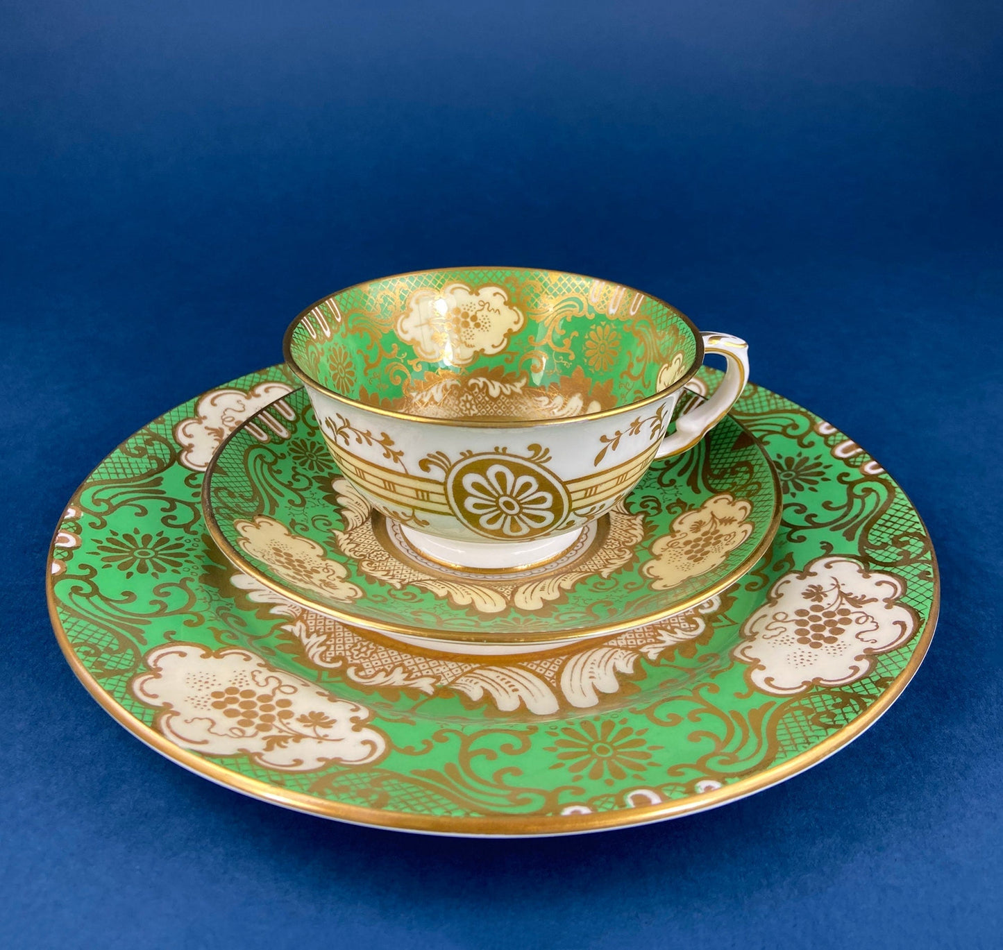 Vintage Staffordshire Tea Trio: Green, Gold, and Pink Porcelain Set - I Bought a Yard Sale