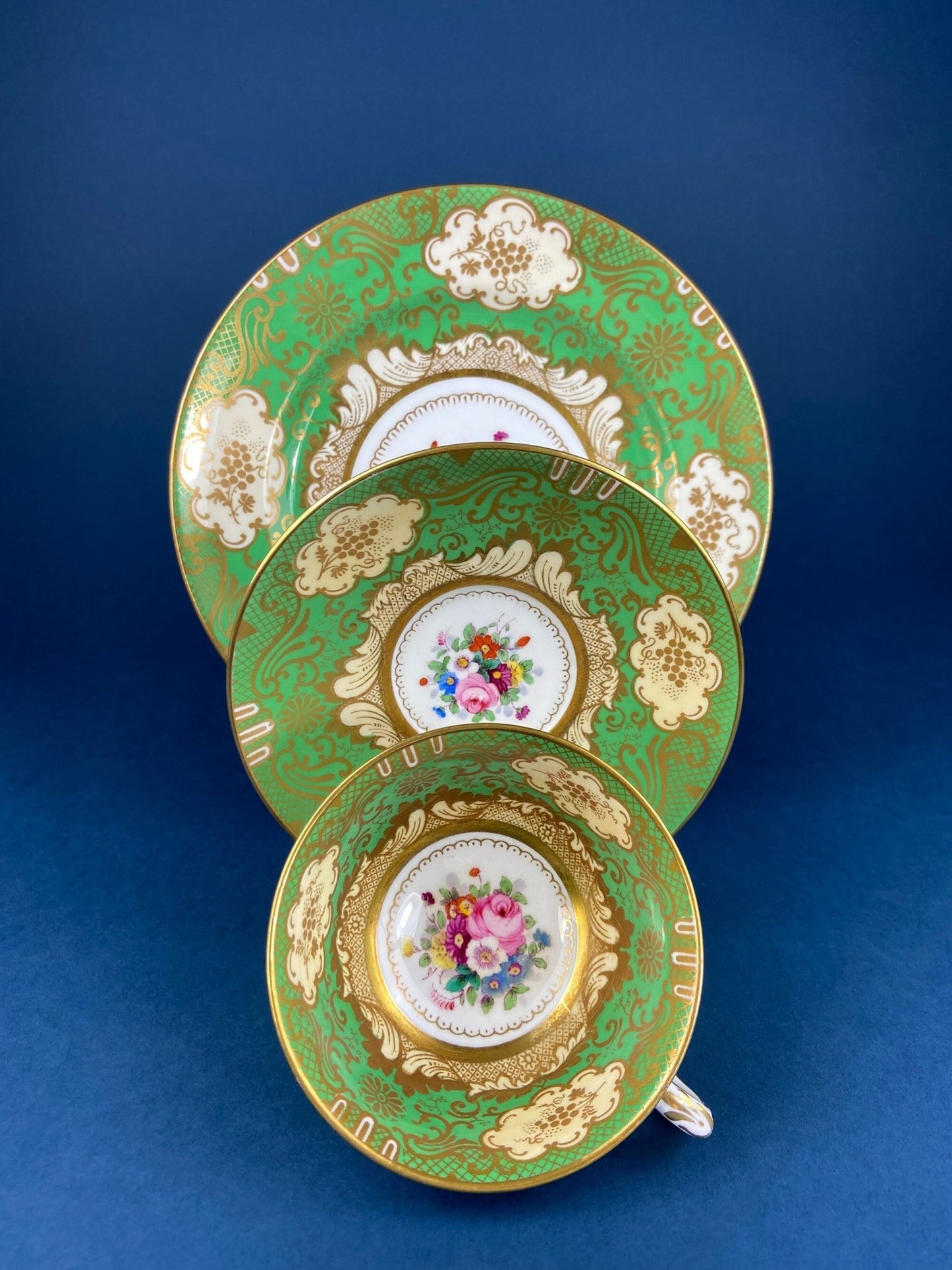 Vintage Staffordshire Tea Trio: Green, Gold, and Pink Porcelain Set - I Bought a Yard Sale