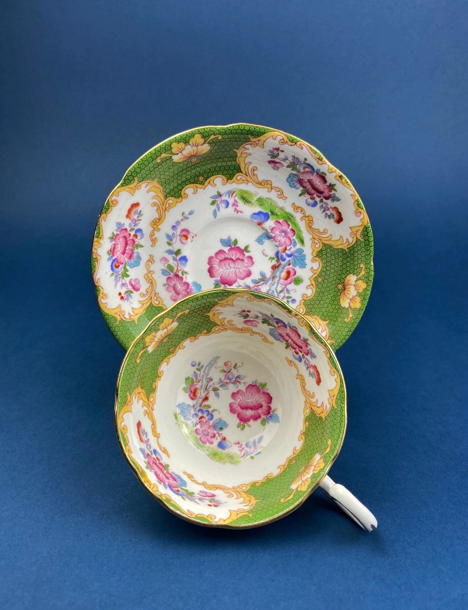 Vintage Staffordshire Tea Trio: Green, Gold, and Pink Porcelain Set - I Bought a Yard Sale