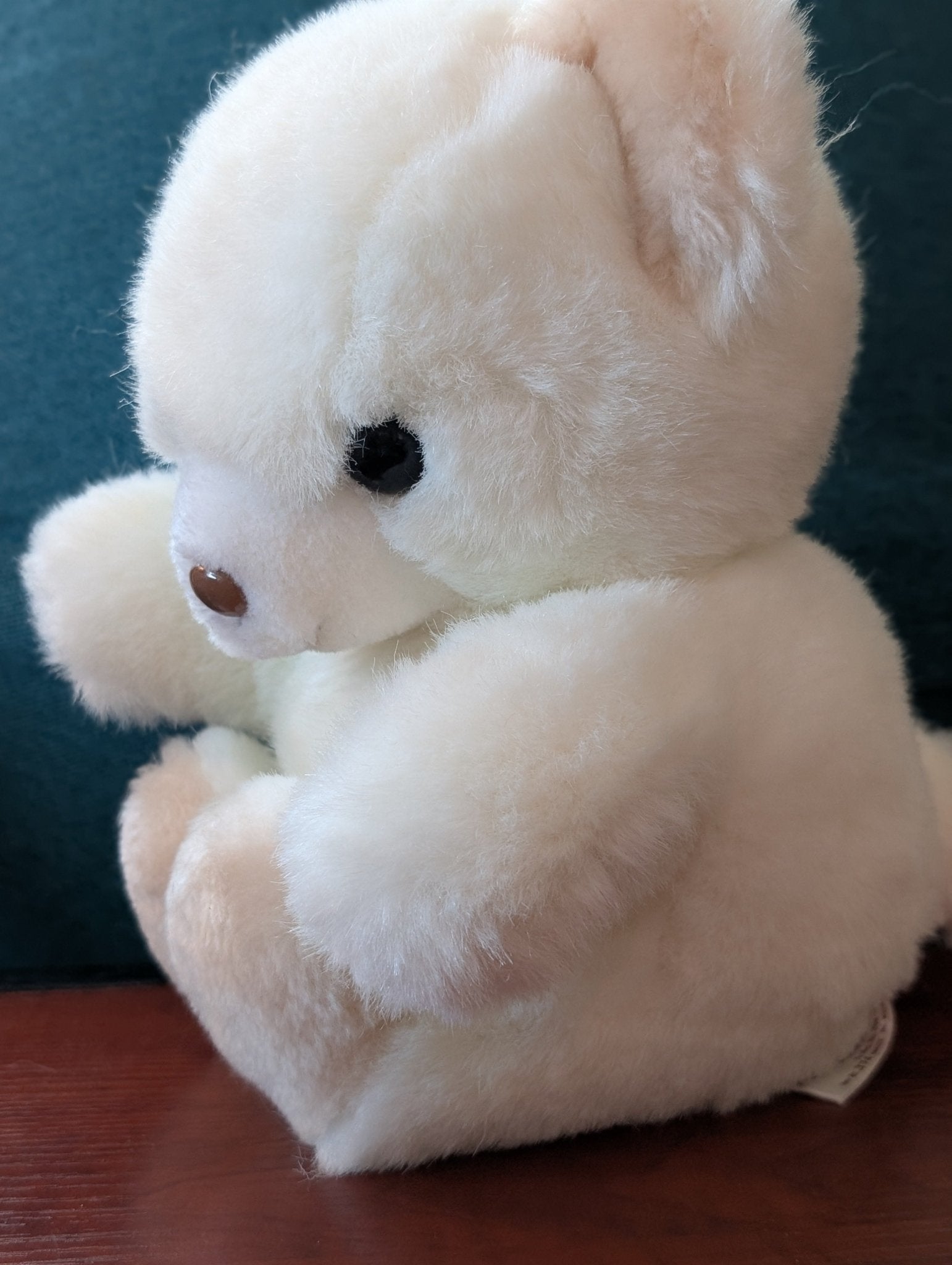 Vintage Teddy Bear Plush Sitting with Brown Plastic Nose White Body Tan Feet and Ears - I Bought a Yard Sale
