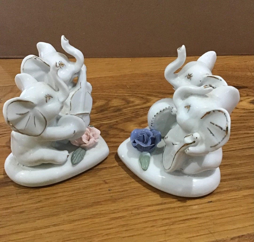 Vintage Victorian 2 sets of Porcelain Elephants on heart base with rose accents - I Bought a Yard Sale