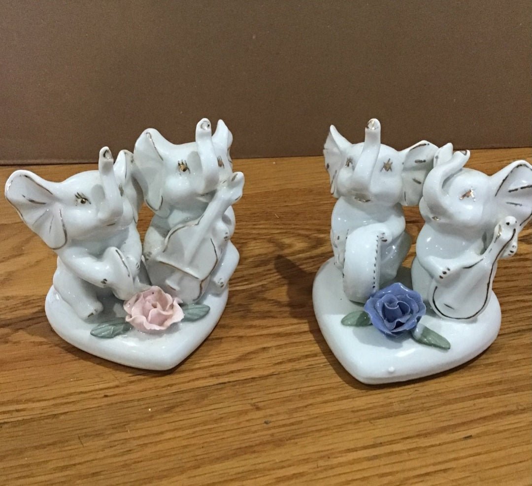 Vintage Victorian 2 sets of Porcelain Elephants on heart base with rose accents - I Bought a Yard Sale