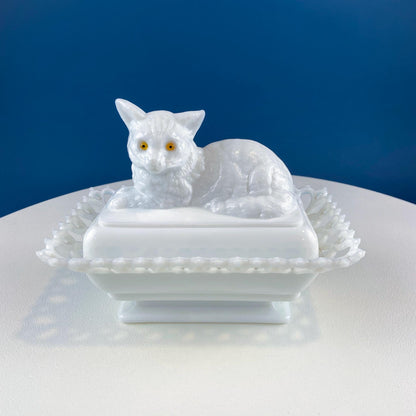 Vintage Westmoreland Milk Glass Cat Covered Dish. Trinket Condiment Serving Dish. Bath Display. Reticulated Lacey Edge. Gift for Cat Lover. - I Bought a Yard Sale