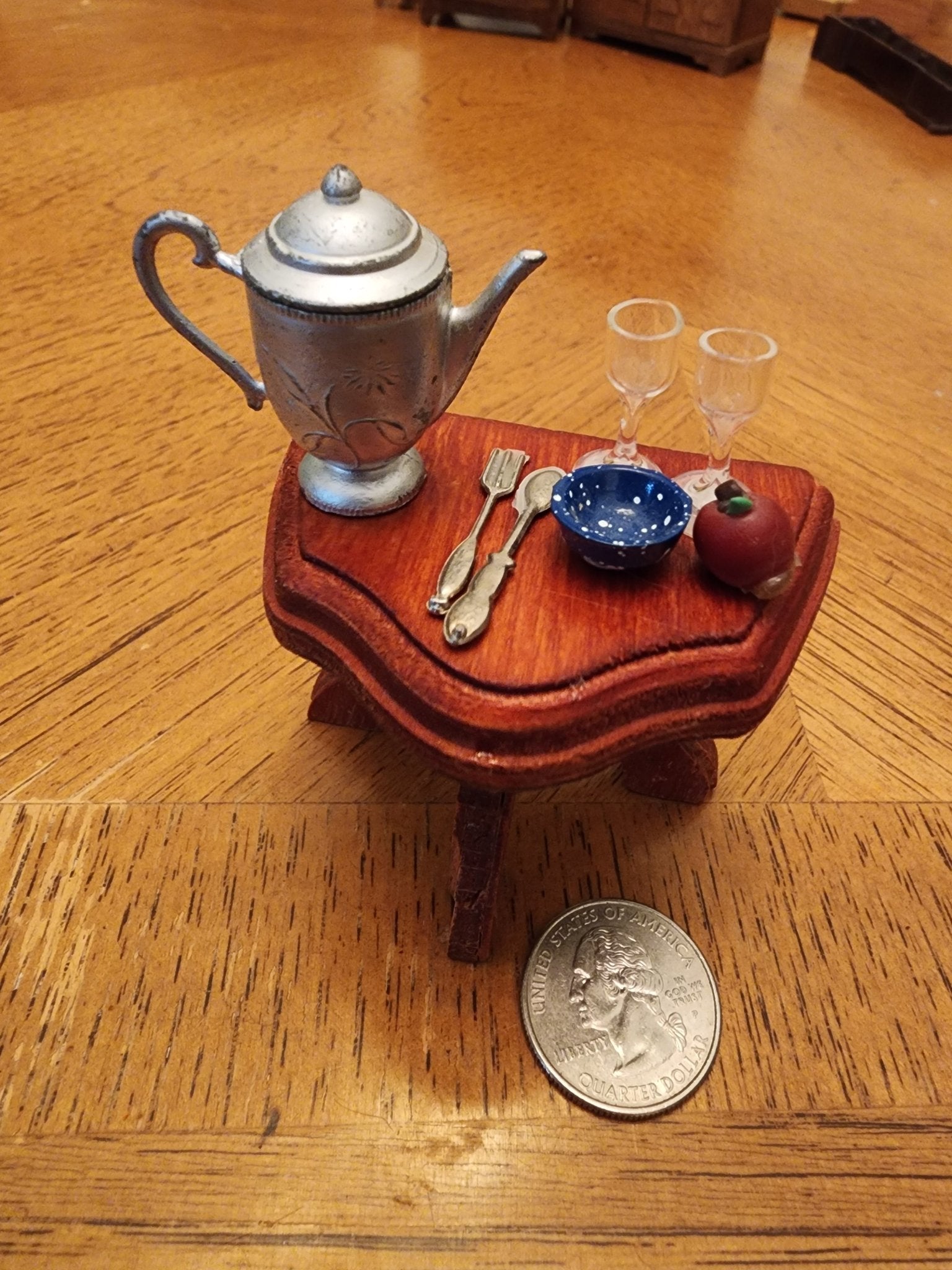 Vintage Wooden Side Table & metal tea pot wine glasses and more for dollhouse - I Bought a Yard Sale