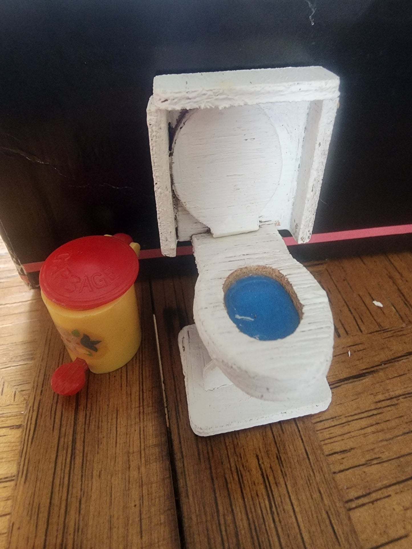 Vintage Wooden toilet and plastic trashcan for Dollhouse - I Bought a Yard Sale