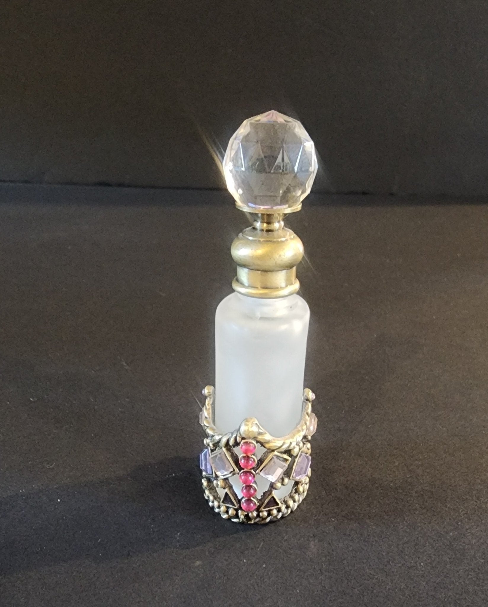 Vtg Perfume Bottle Decanter Rhinestones Purple Pink Jewels Refillable Frosted - I Bought a Yard Sale