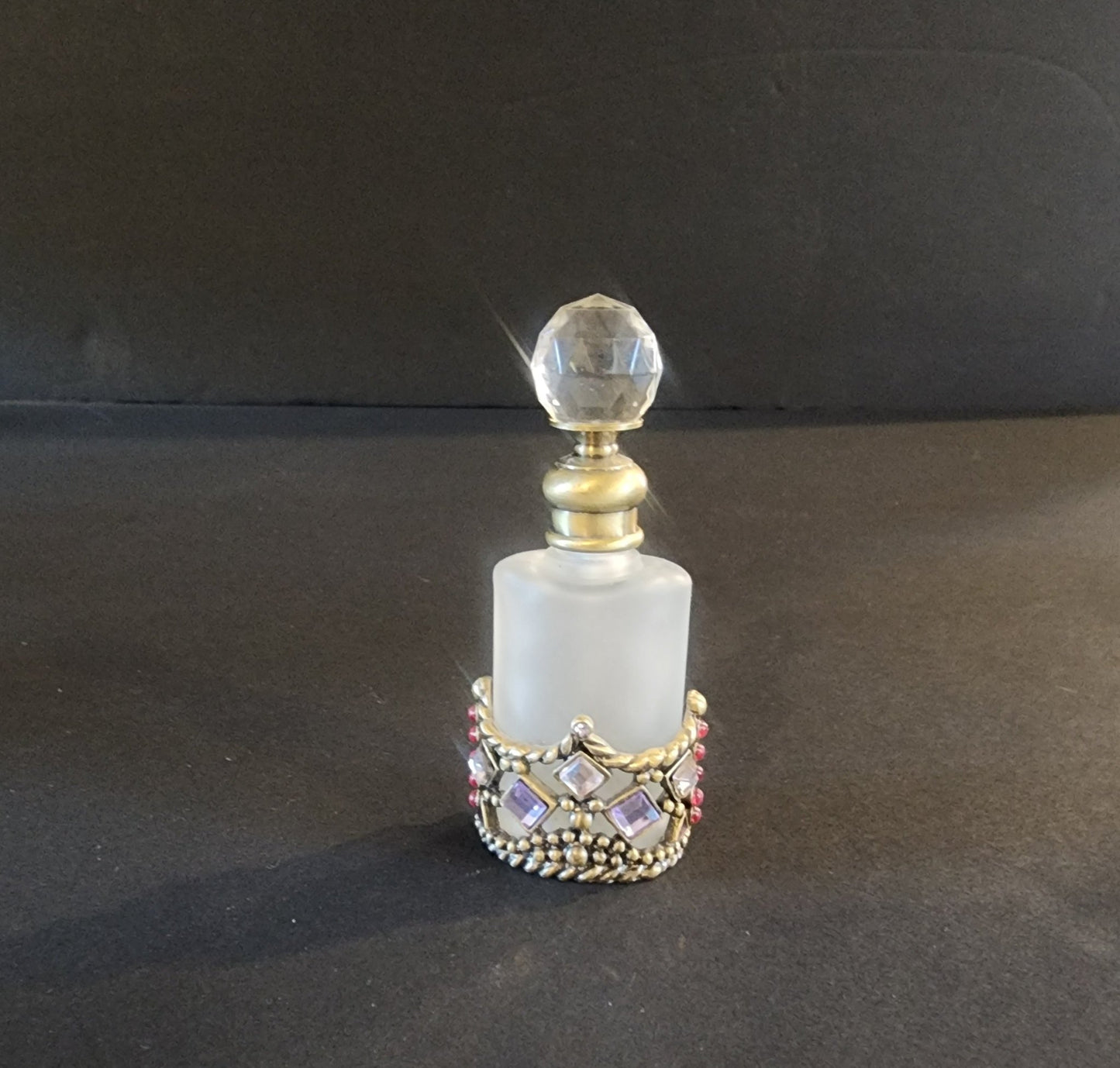 Vtg Perfume Bottle Decanter Rhinestones Purple Pink Jewels Refillable Frosted - I Bought a Yard Sale