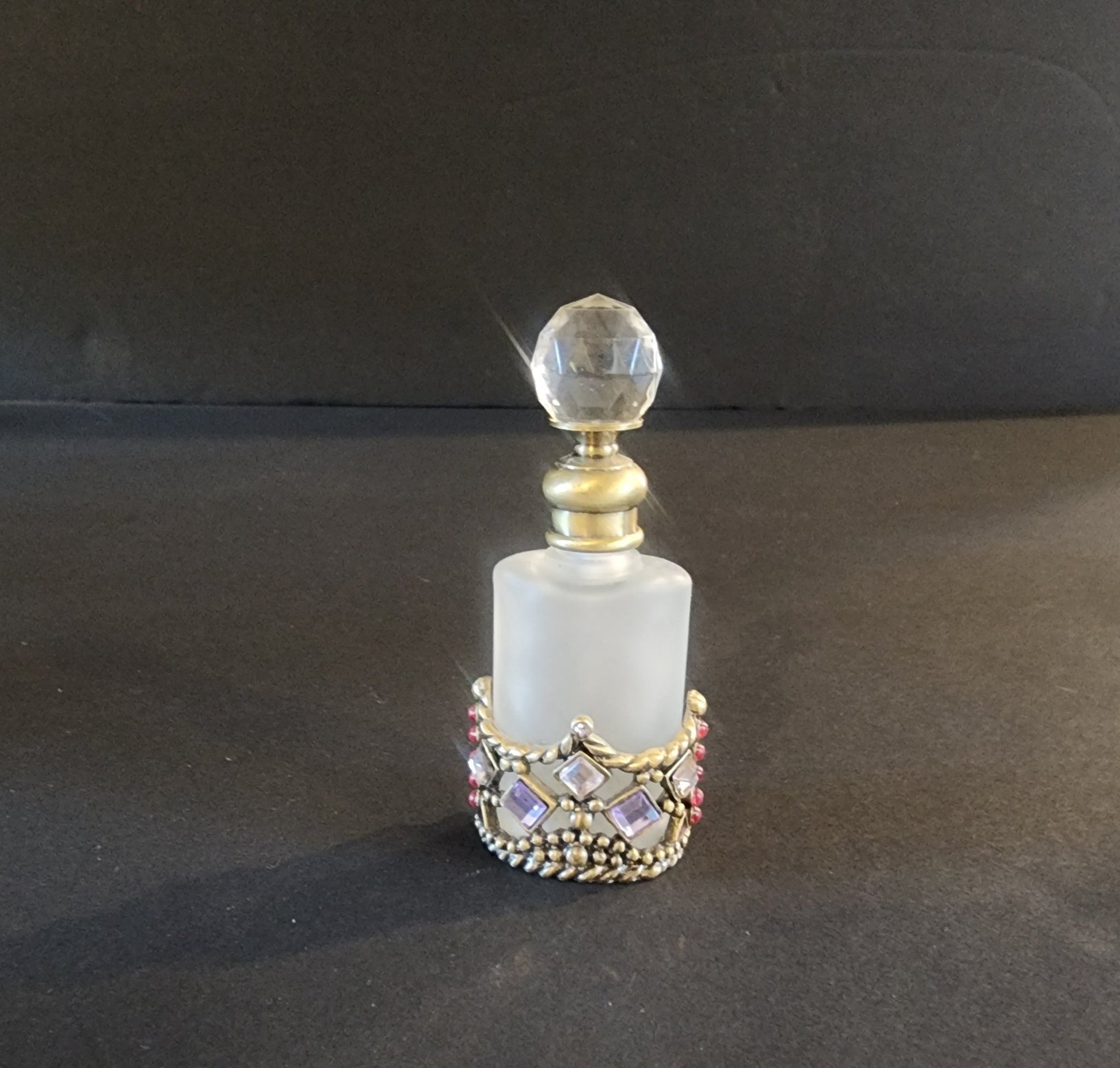 Vtg Perfume Bottle Decanter Rhinestones Purple Pink Jewels Refillable Frosted - I Bought a Yard Sale