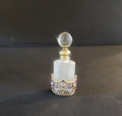 Vtg Perfume Bottle Decanter Rhinestones Purple Pink Jewels Refillable Frosted - I Bought a Yard Sale