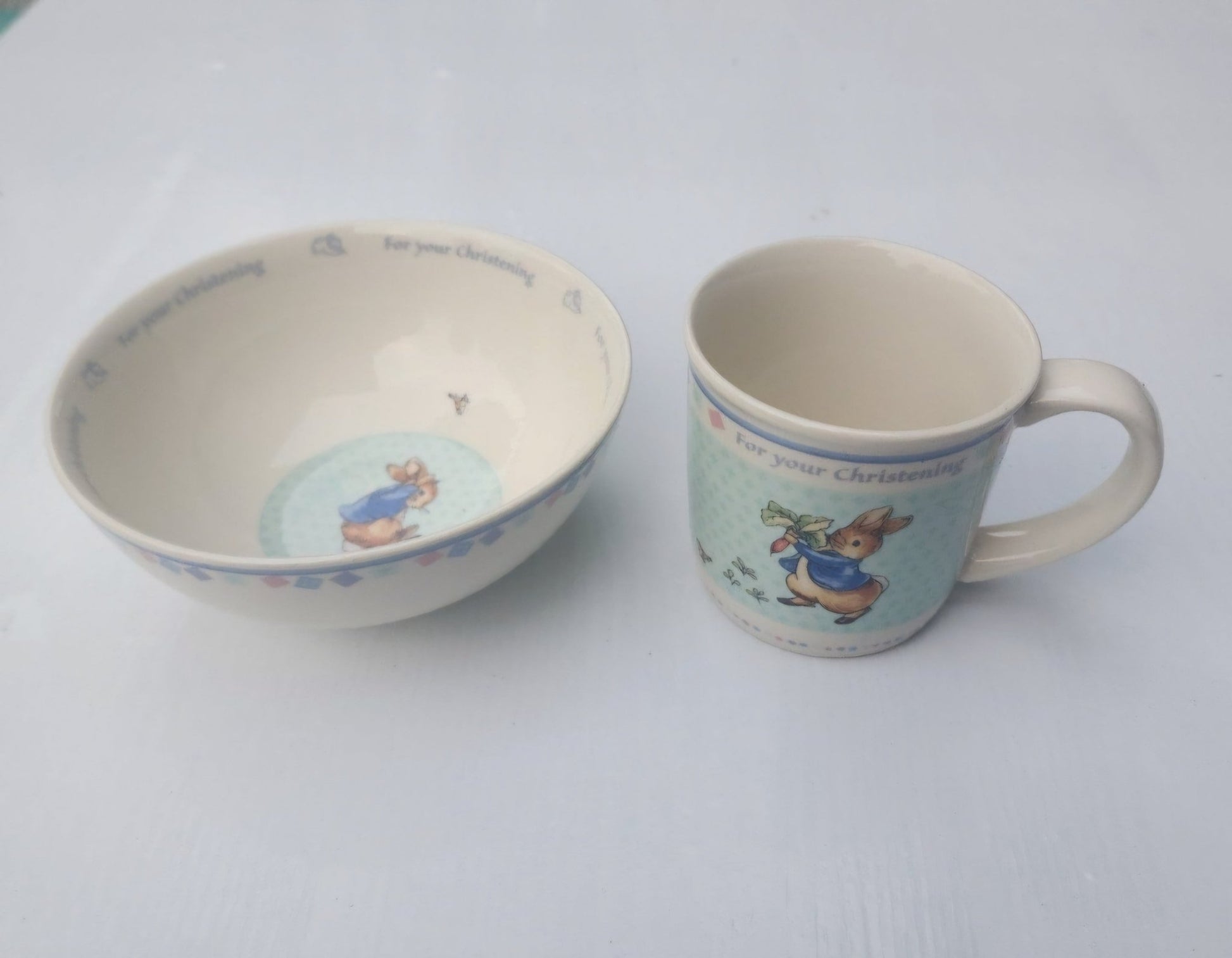 Vtg Wedgewood Peter Child's Rabbit Porcelain Bowl & Cup For your Christening - I Bought a Yard Sale
