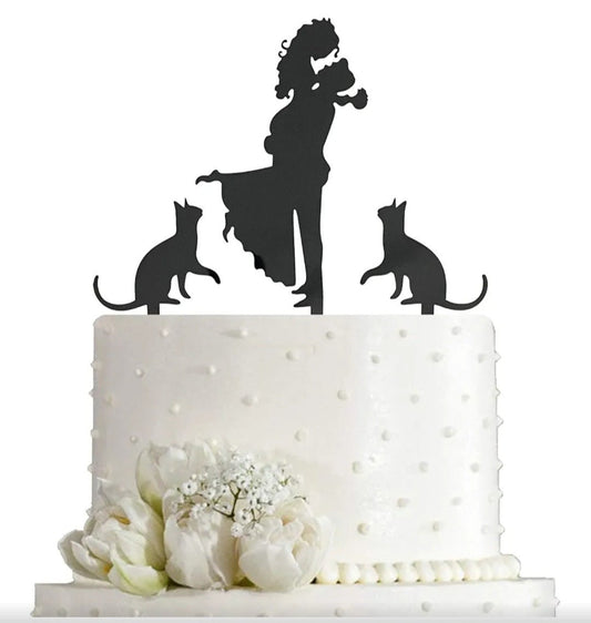 Wedding Cake Topper - Bride Hold Groom with Flowers Besides Two Pet Cats Silhouette Cake Decoration - I Bought a Yard Sale